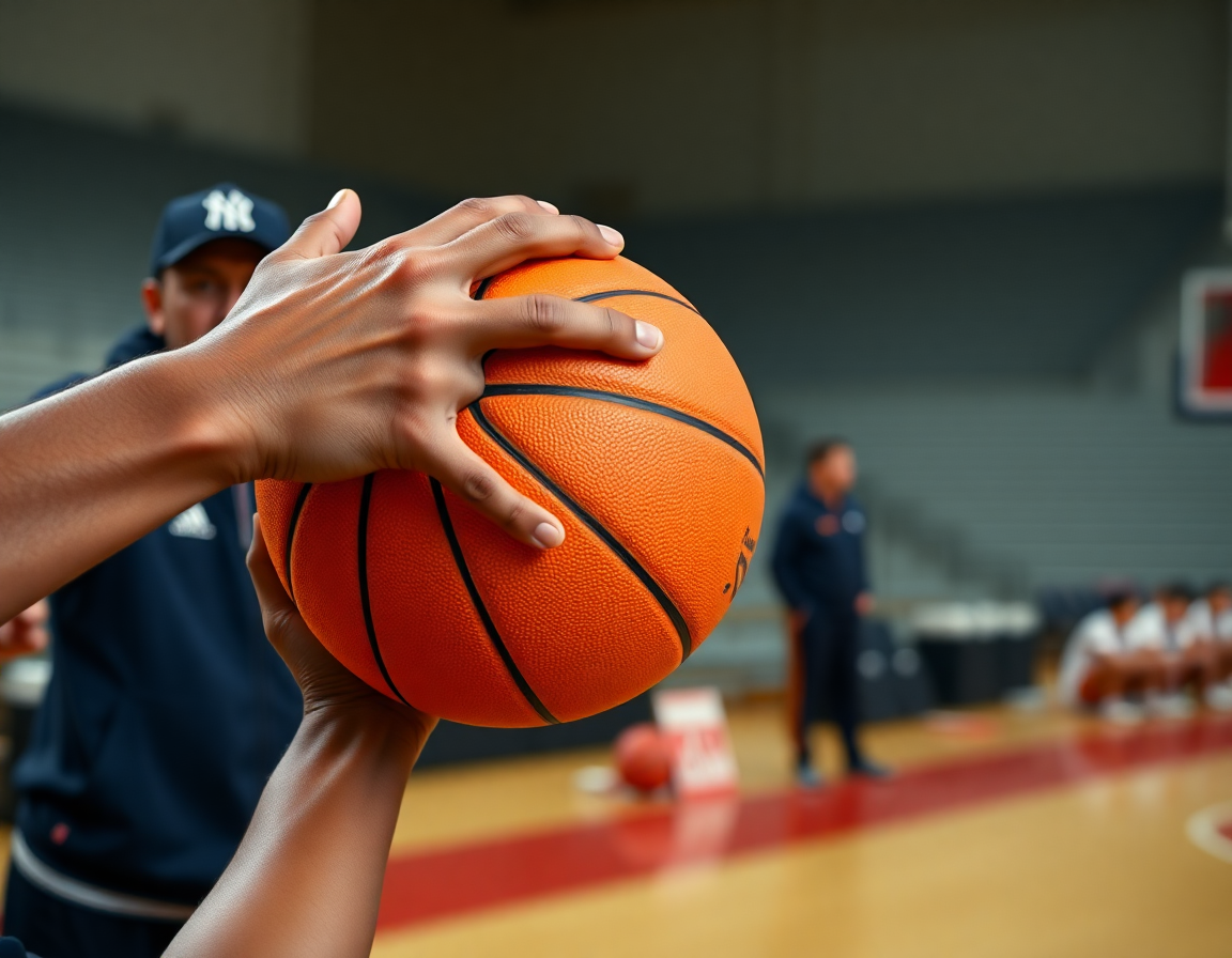 Plan serré sur les mains tenant un basketball pendant l'exercice passe senior sur le sol dur.