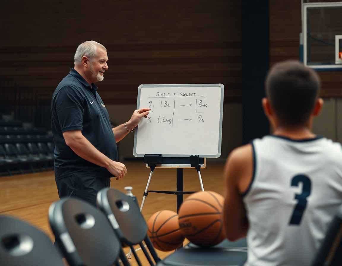 Plan moyen du coach utilisant un tableau blanc pour l'exercice passe basket senior sur le banc.