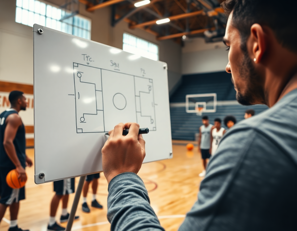 exercice shoot basket u15: gros plan sur les mains du coach dessinant une stratégie sur le tableau.