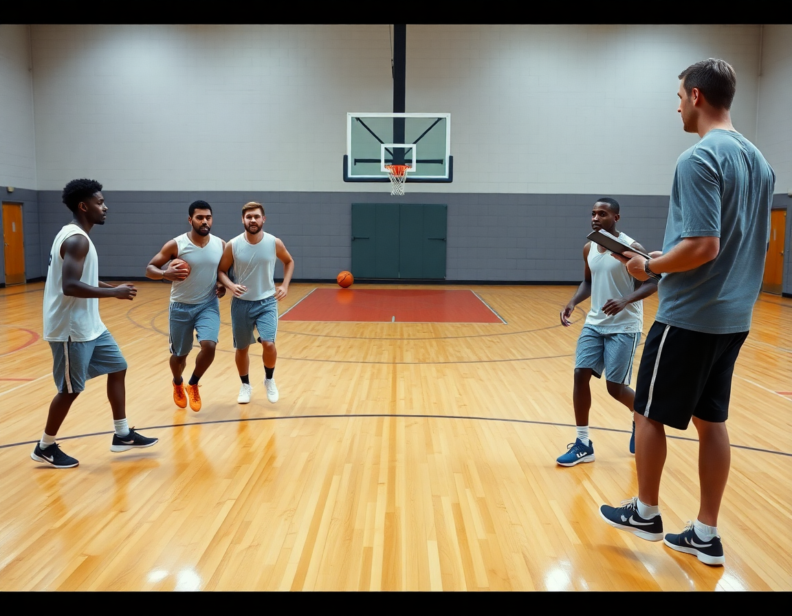 exercice shoot basket u15: cinq joueurs en exercice sur le parquet, coach avec un clipboard guide les passes.