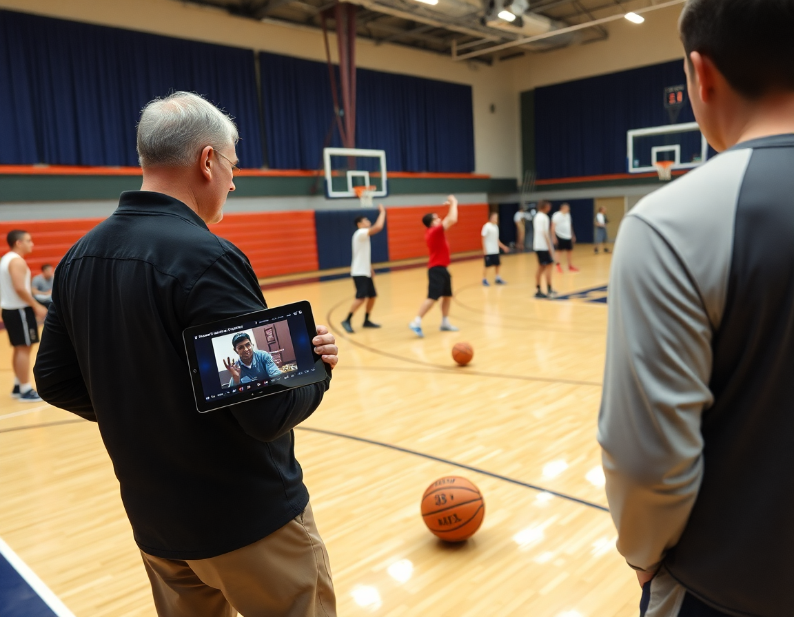 exercice shoot basket u15: coach montre une vidéo sur une tablette pendant que les joueurs tirent.