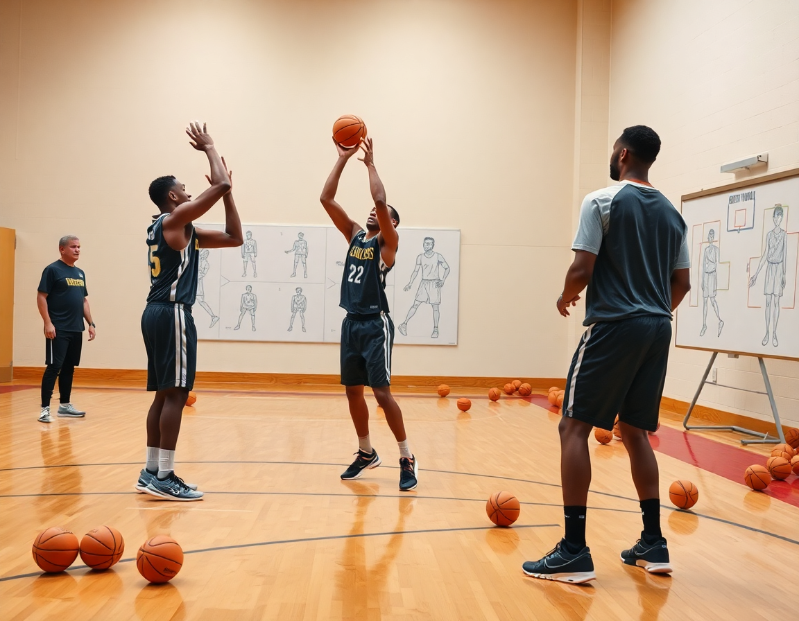 Exercice shoot basket u18 en salle avec deux joueurs et un coach sur le parquet.