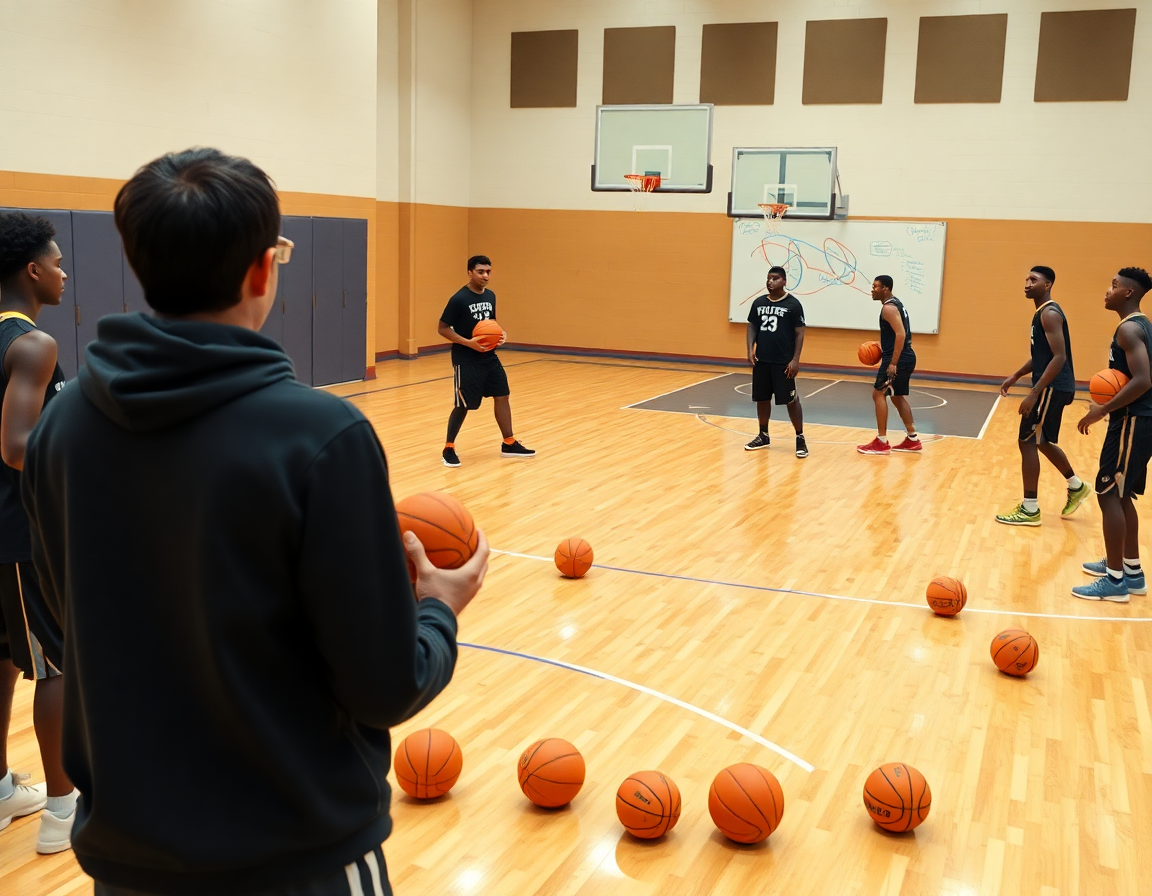 Exercice shoot basket u18 en mouvement, coach et joueurs autour de la ligne des trois points.