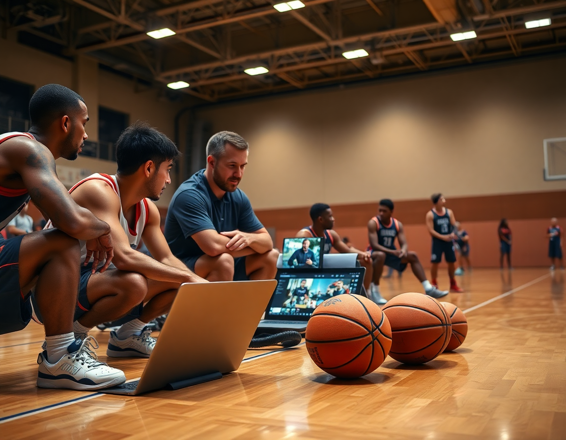 Examen des clips vidéo et stratégie en exercice tactique basket; l'entraîneur montre les plans.