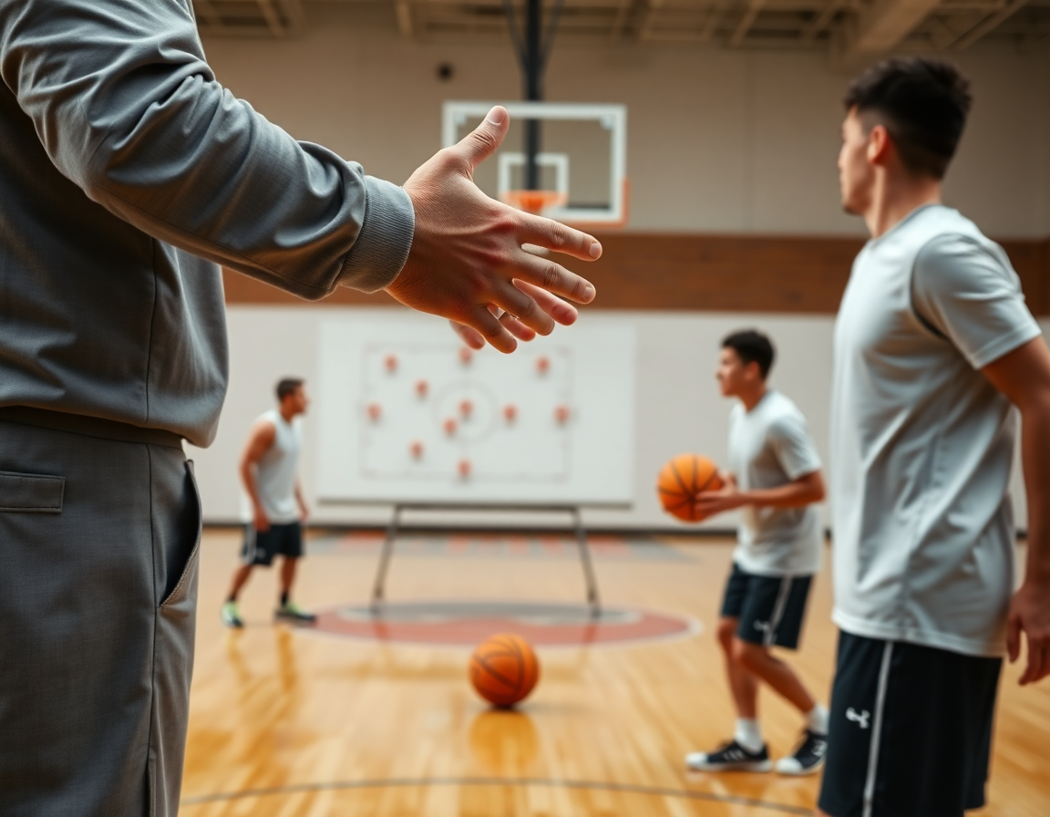 Plan serré sur un coach et un exercice tir basket pdf en progression sur le terrain.