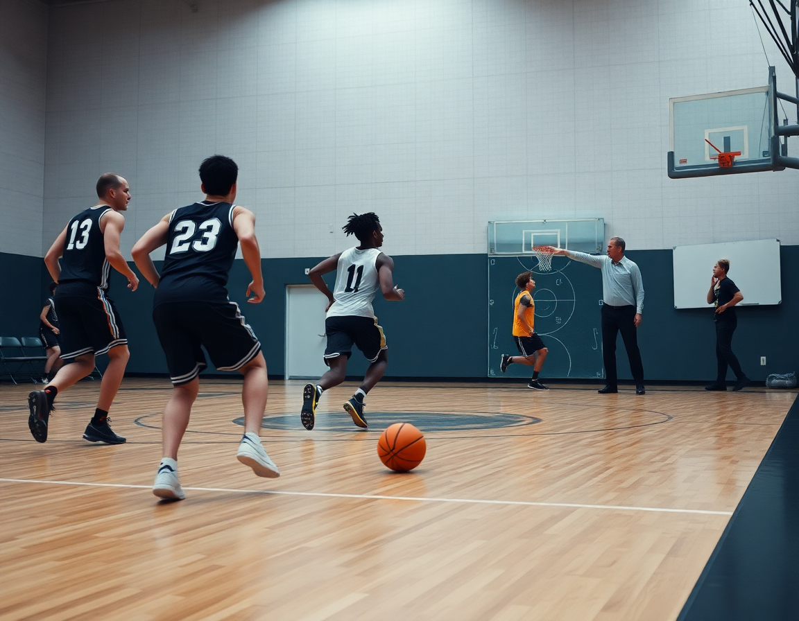Zoom sur l'exercice tir basket pdf: joueurs exécutant une passe et tir près de la peinture.