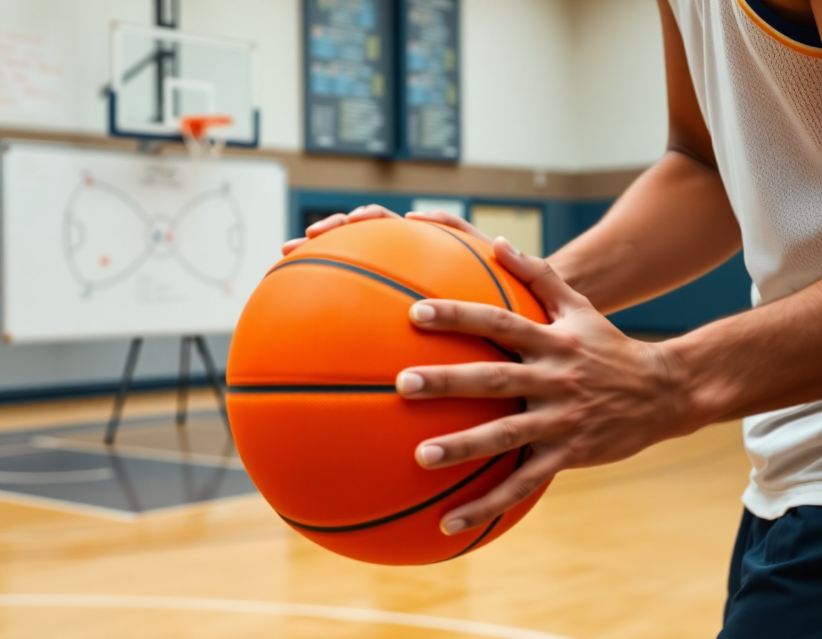 Gros plan sur les mains tenant un ballon orange de basket pendant l'exercice basket tir.
