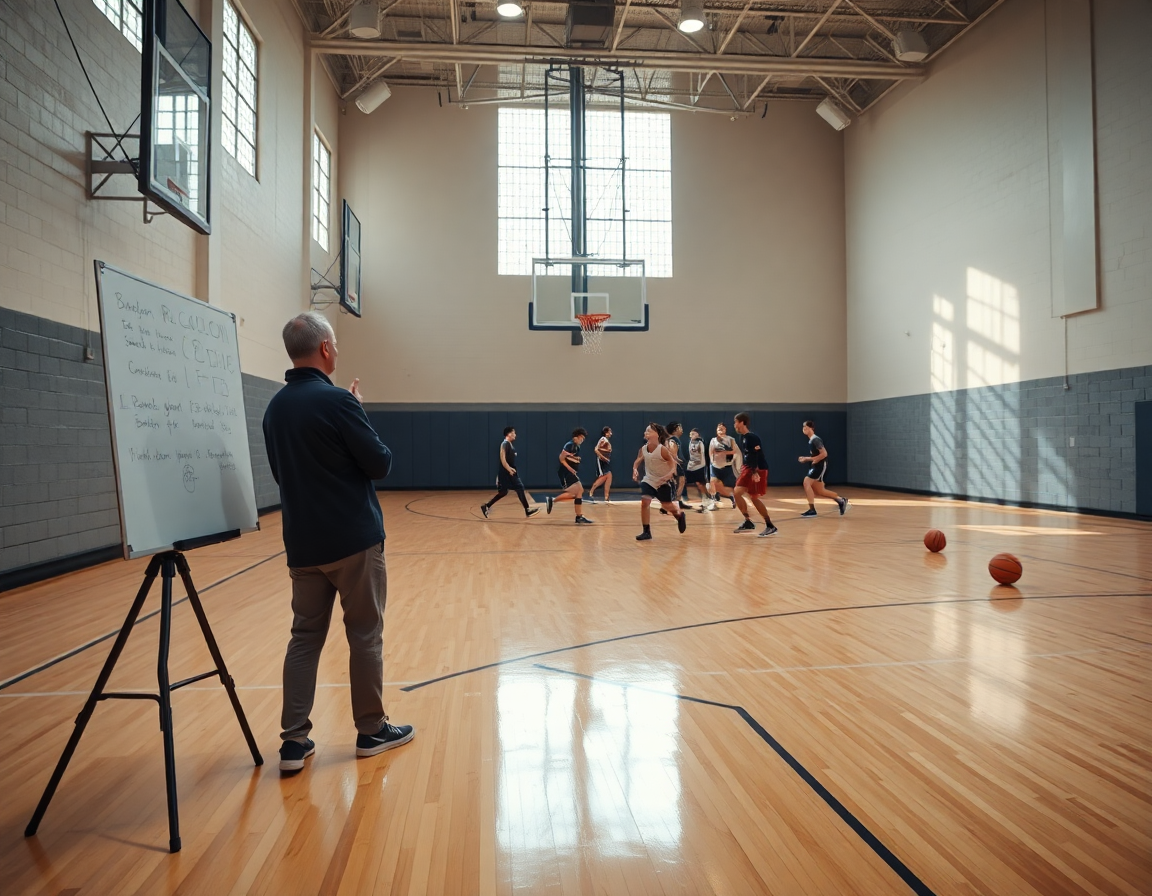 Plan d'exercice tir basket seniors en action dans un gymnase moderne, plein d'énergie.