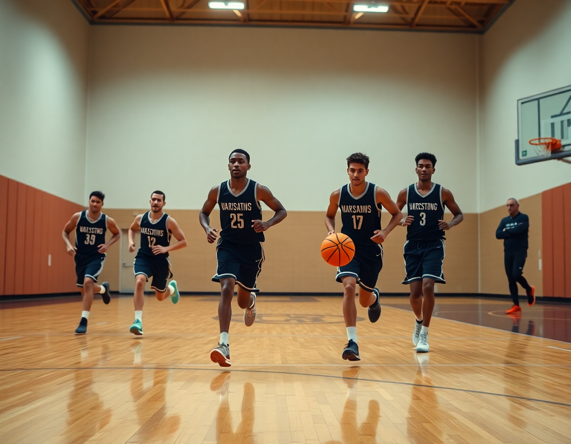 Séance d'exercice tir basket seniors en mouvement, dribbles et passes dans le gymnase.