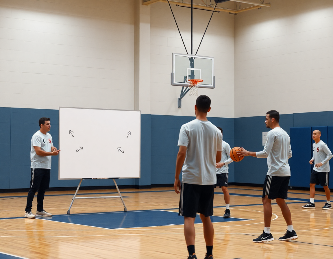exercice tir basket u11: tir en mouvement capté lors d'un entraînement en gym, coach et joueurs concentrés.