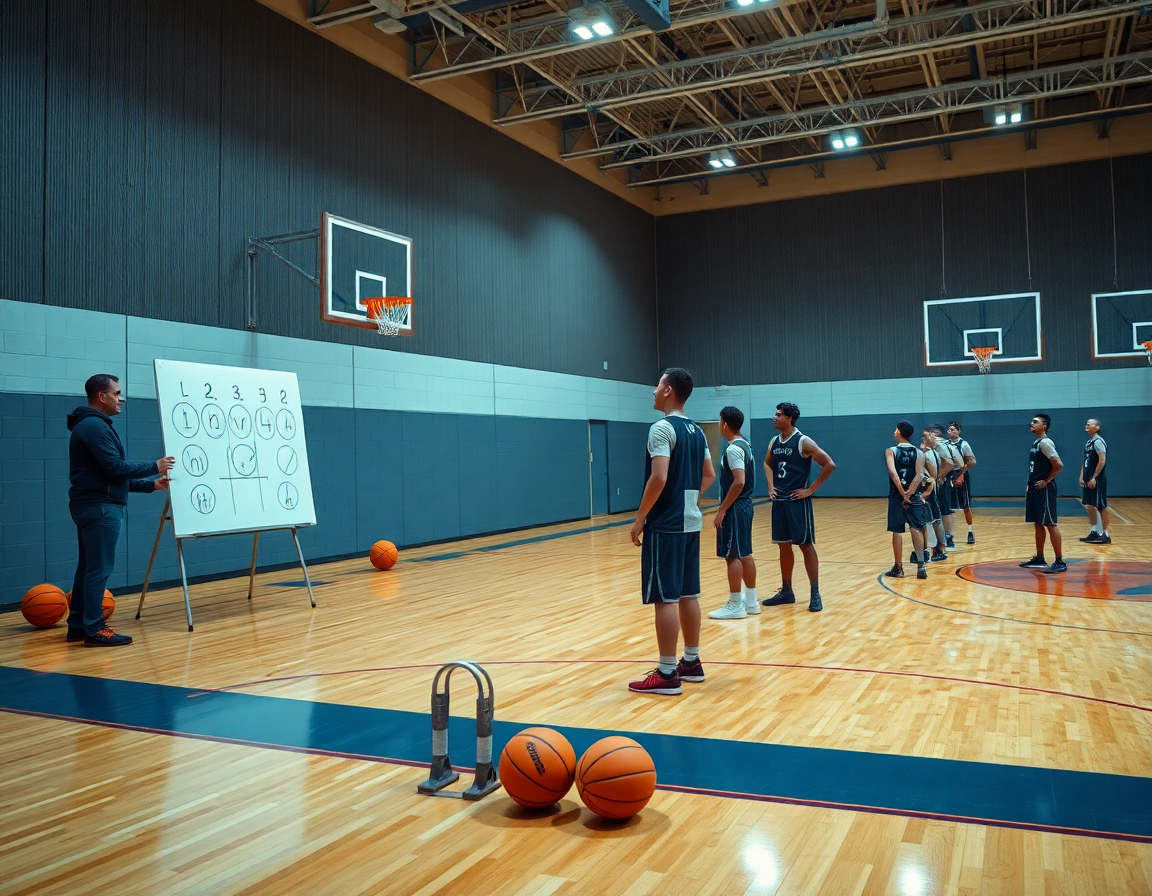 Exercice shoot basket u13 sur le terrain, coach dessinant des schémas sur le whiteboard devant les joueurs.