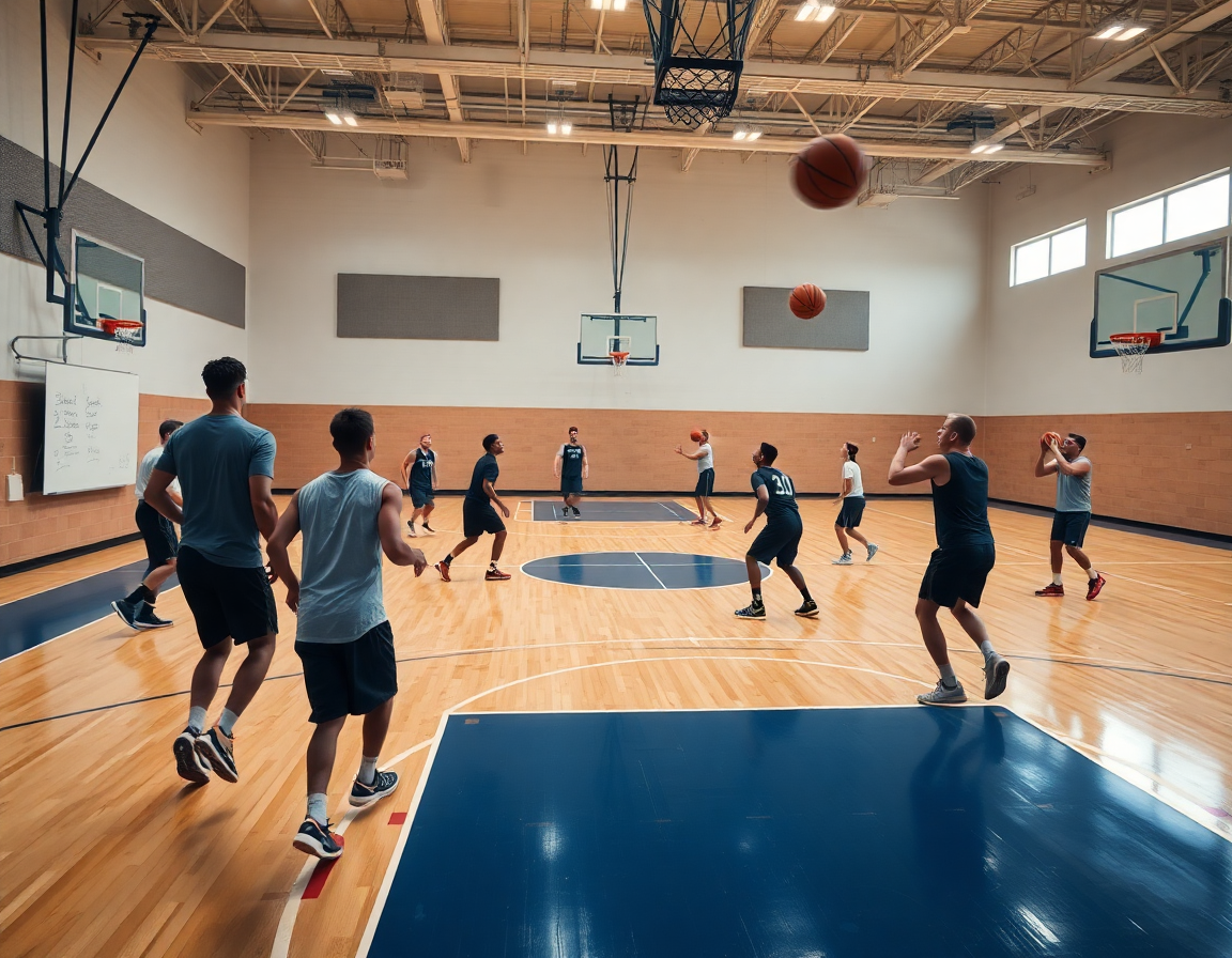 Exercice shoot basket u13 en mouvement: joueurs tirant près de l'arc sous les conseils du coach.