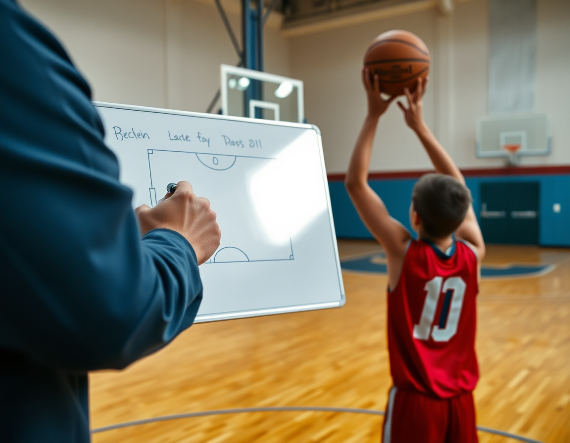 Premier plan: tir basket u13 et gestes du coach près du terrain basketball.