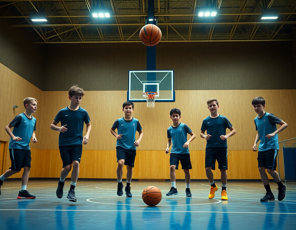 Exercice tir basket u13 en mouvement sur le terrain, cinq joueurs en tenue d'entraînement.