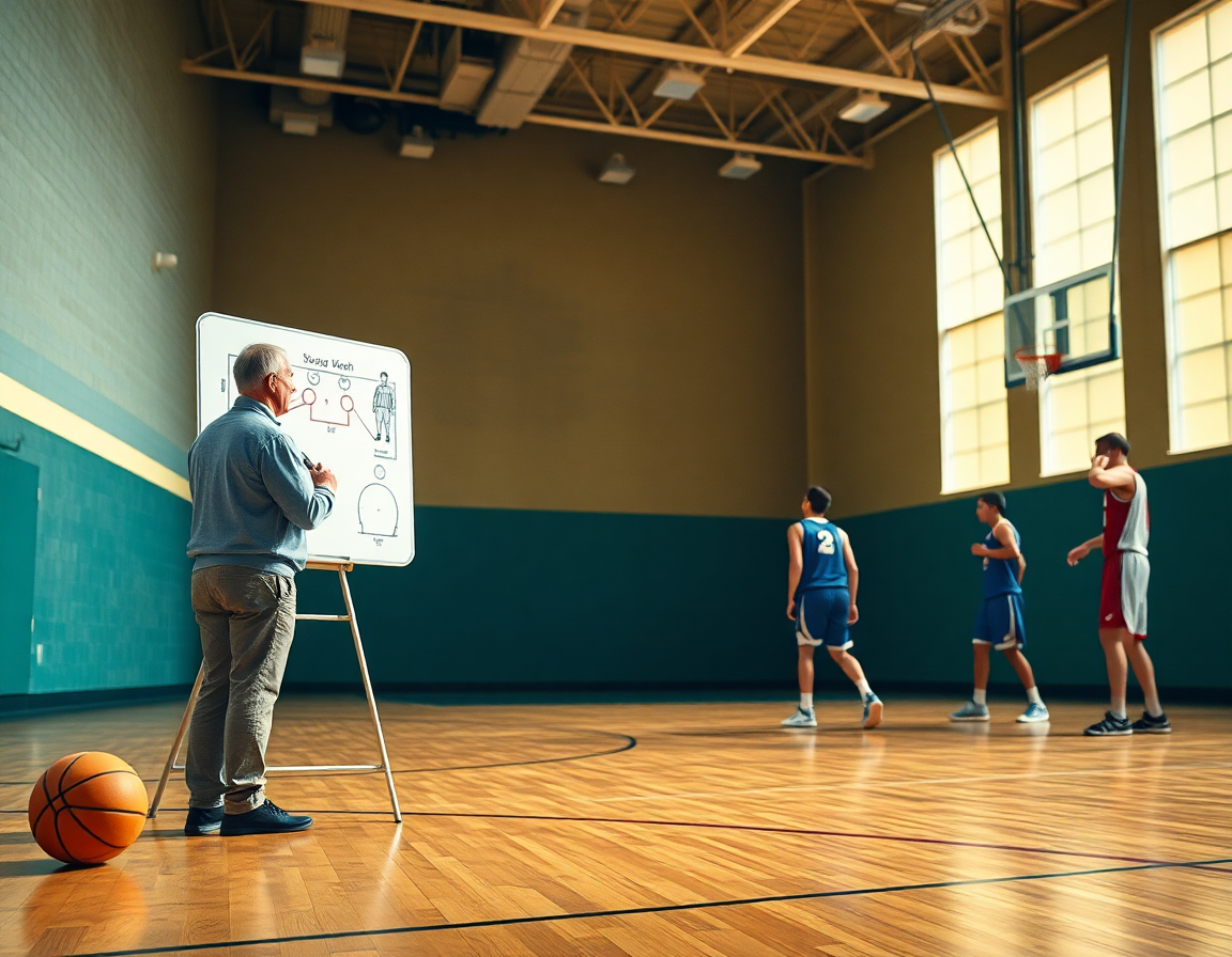 Plan animé dans un gymnase basketball: coach avec tableau, joueurs en mouvement, tir en progression.