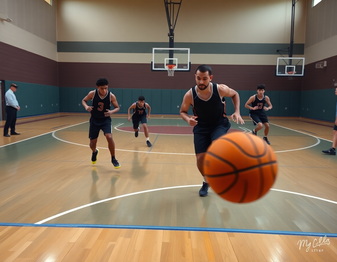 Plan dynamique: sur le court intérieur de basketball, des dribbles et coupes vers le tir.