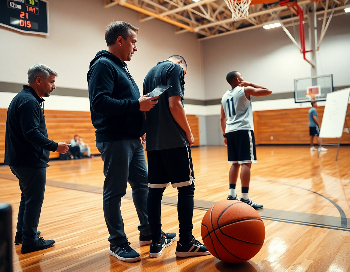 Équipe observe les vidéos et notes de scouting pour le tir en course, contexte basketball complet.