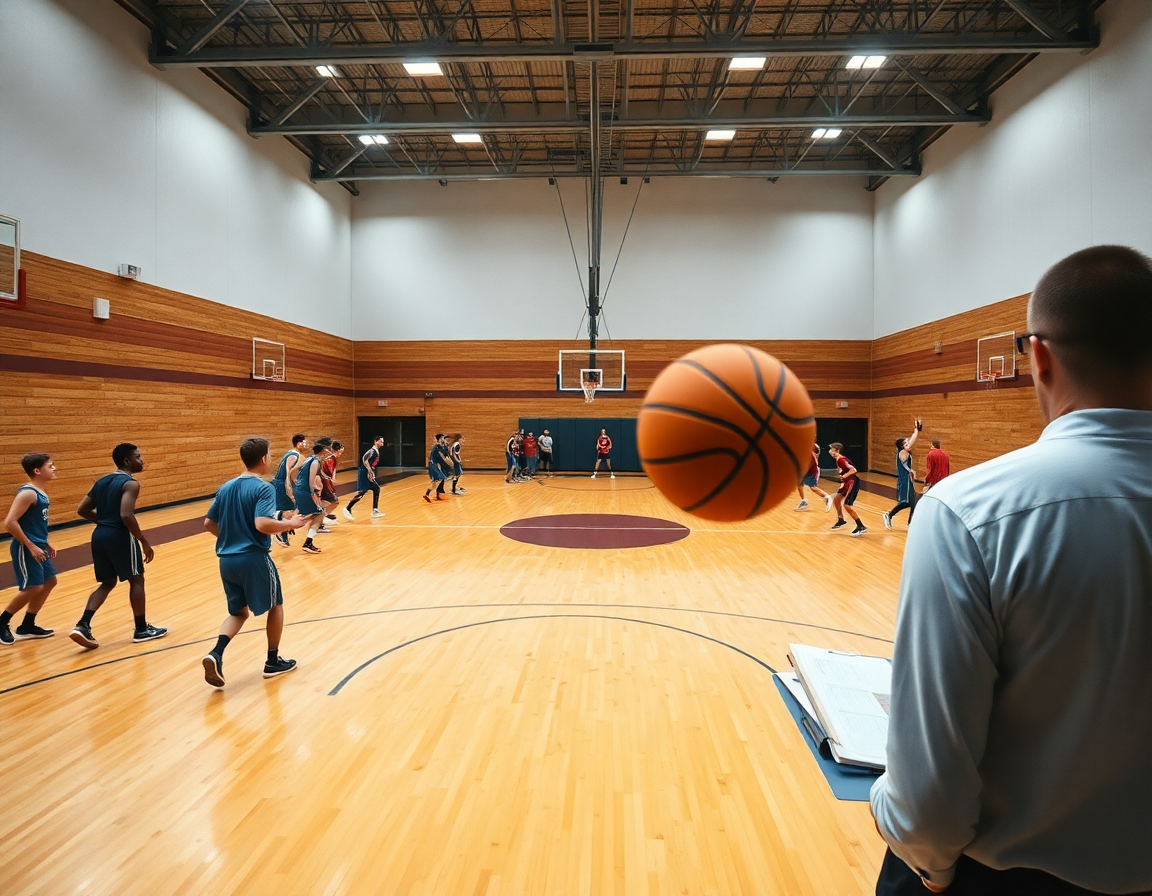 Plan large sur un exercice de tir en course sur terrain de basket, joueurs alignés et coach guidant.