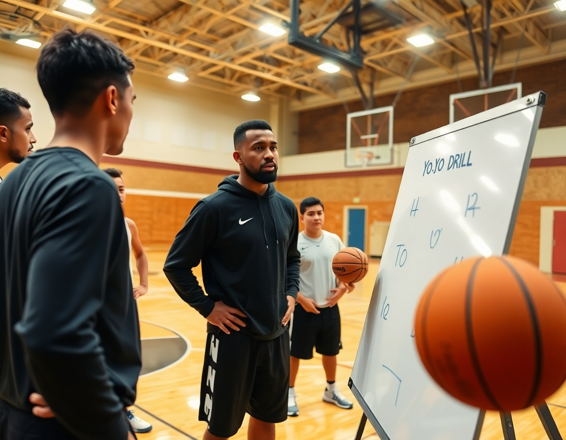 exercice yoyo basket: le coach explique le plan sur le tableau blanc pendant que les joueurs s'échauffent.