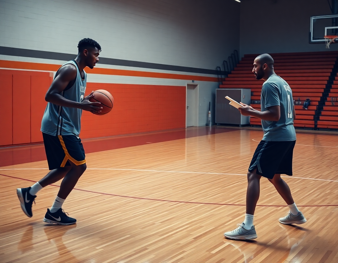 exercice yoyo basket: deux joueurs dribblent en rythme près de la ligne de touche sur le parquet.