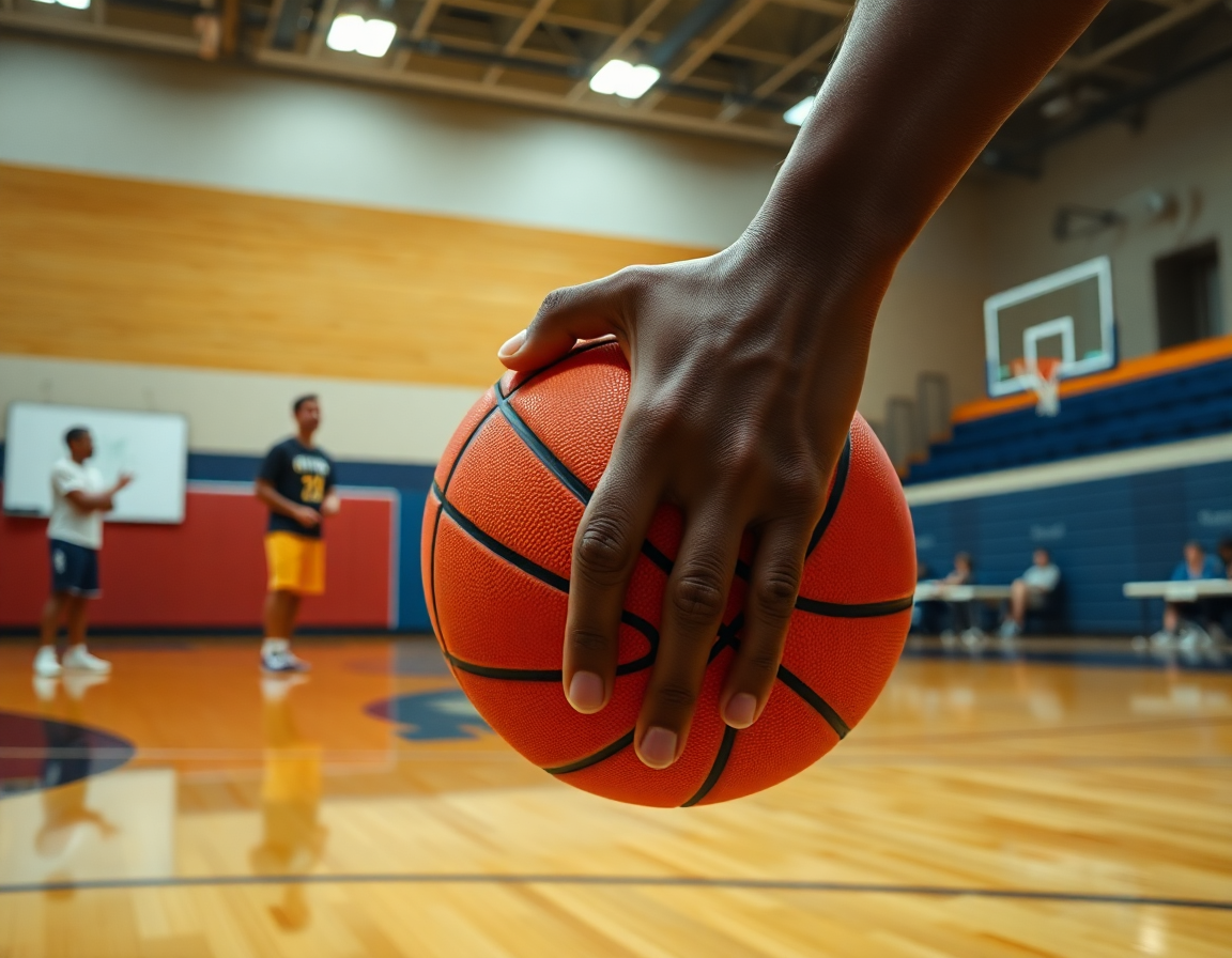 Plan rapproché sur les mains tenant un ballon de basket lors d'un exercice basket débutant.