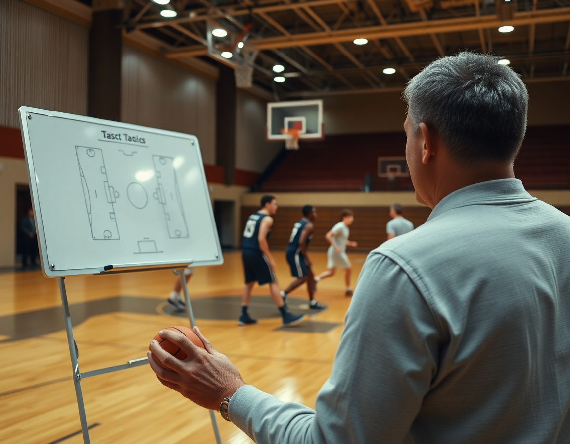 Plan rapproché d'un coach dessinant une action de basketball sur un tableau, exercices basket minimes.