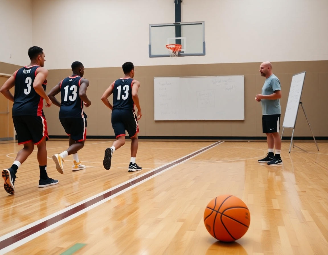 Cinq joueurs exécutent un basketball drill sur parquet, coach consulte les étapes du plan, exercices basket minimes.