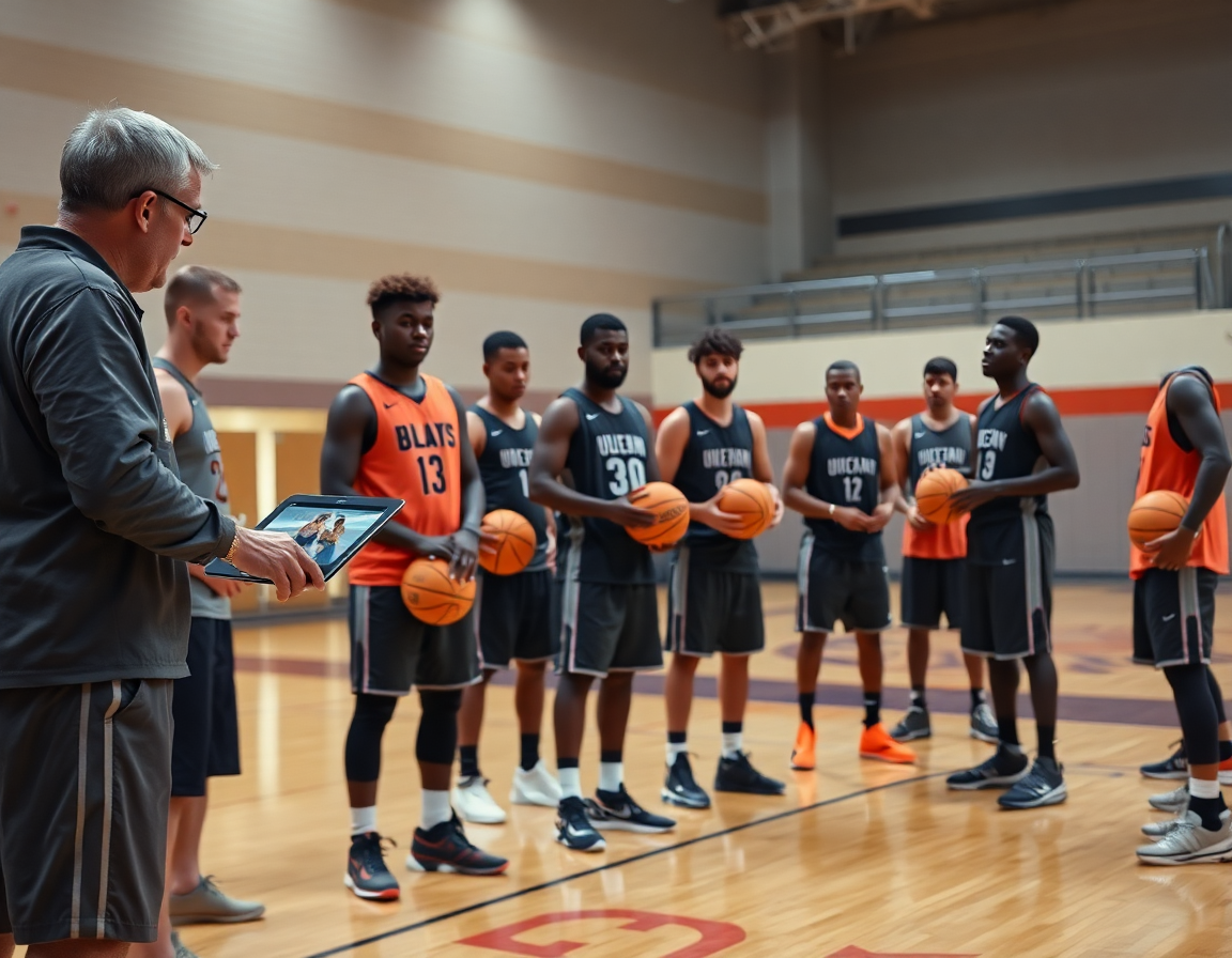 Plan gros plan sur exercices basket et clips vidéo pour joueurs sur le bord du terrain.