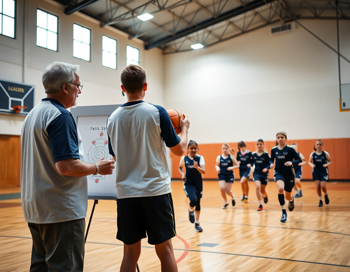 Gros plan sur les mains d'un coach écrivant le plan hebdomadaire d'exercices basket u13 filles et tablette.
