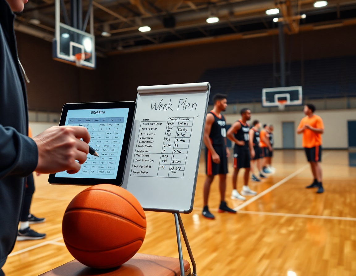 Gros plan sur les mains d'un coach écrivant le plan hebdomadaire des exercices basket u13 filles et tablette.