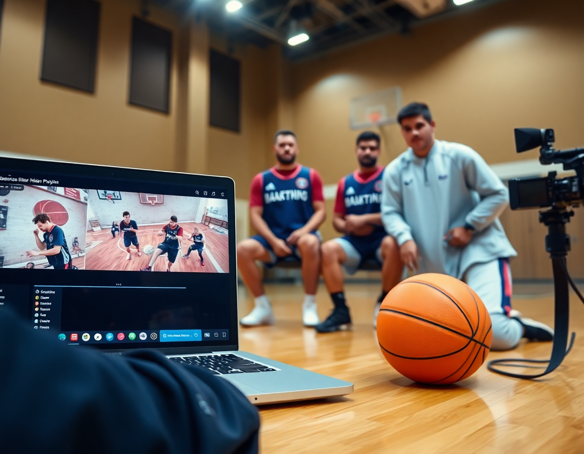 Gros plan sur des clips d'exercices basket u13 filles, montage et partage sur ordinateur.