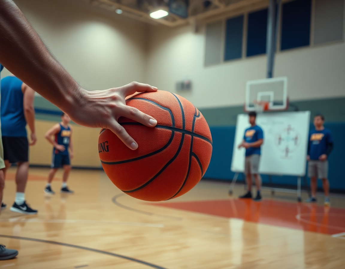 Plan serré sur l'exercice basket u15 pdf, mains sur le ballon et le tableau.