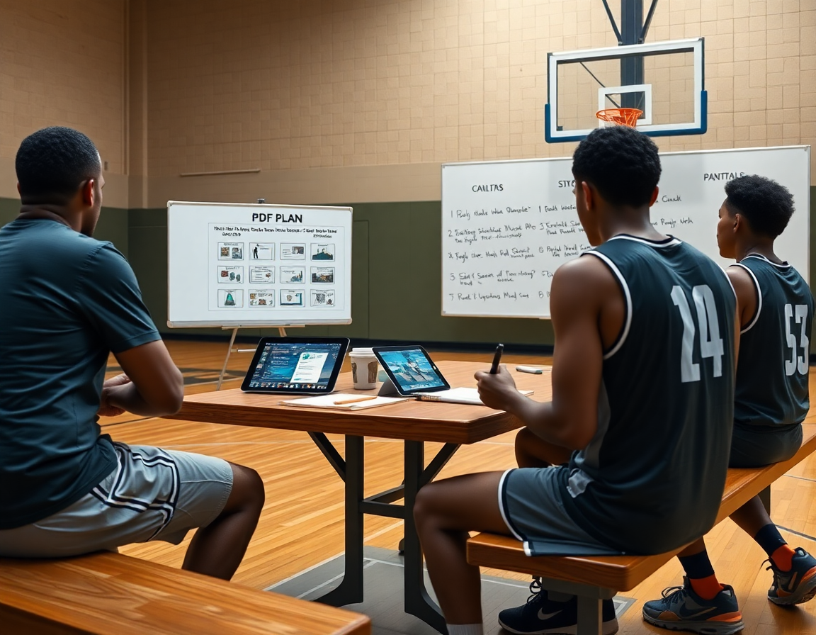 Plan serré sur l'exercice basket u15 pdf, écran affichant le plan et des joueurs autour d'une table.