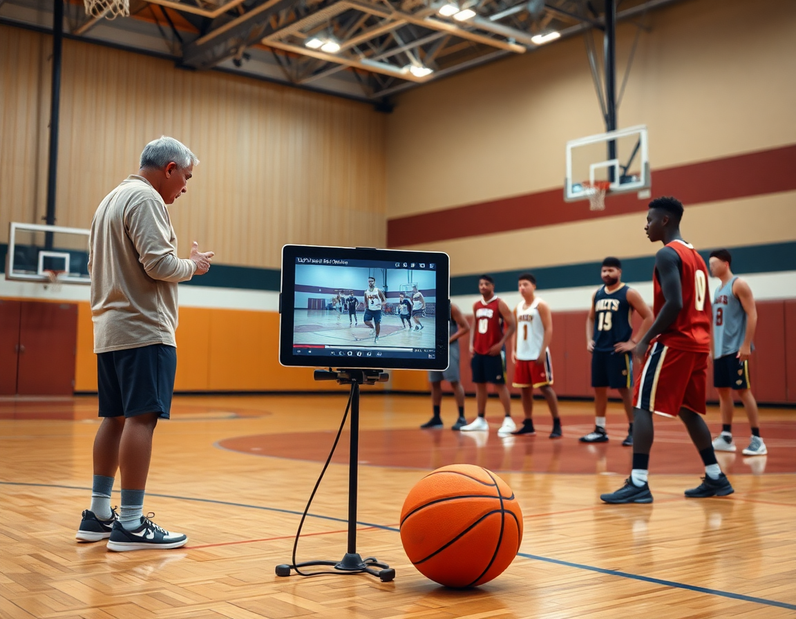 Plan rapproché sur exercices dribble basket: coach explique les clips vidéo et organise la progression.
