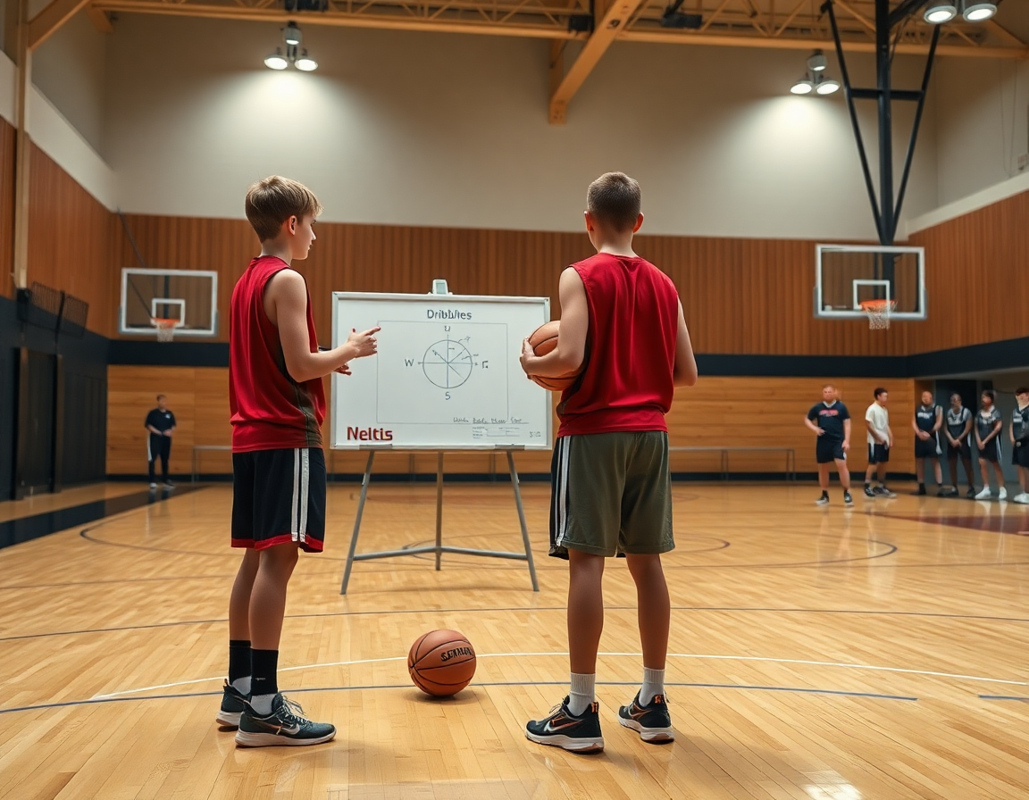 Exercice dribble basket enfant: coach et jeunes dos tournés sur le terrain en gym.