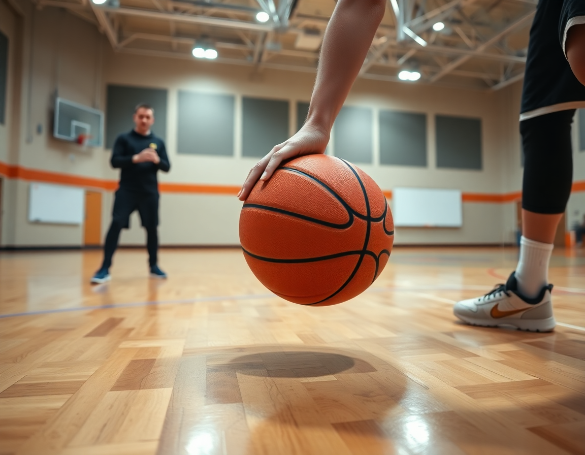 Exercice dribble basket enfant: gros plan sur les mains et le ballon sur le sol.