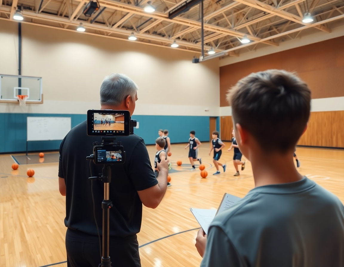 Exercice dribble basket enfant: vue large du coach et des joueurs en gym, caméra et tableau.