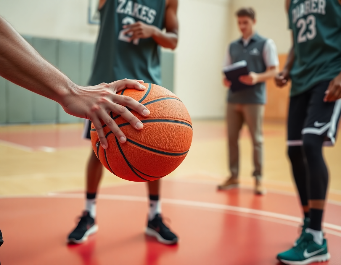 Gros plan sur les mains et le basket orange pendant des exercices entrainement basket u15 sur le terrain.