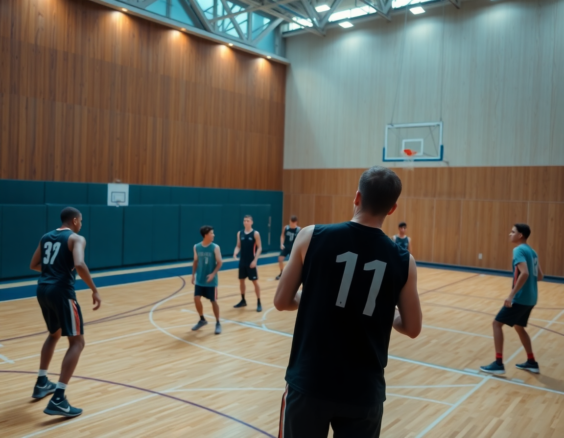 Plan aérien d'un groupe de joueurs sur court intérieur, pratiquant des exercices entrainement basket u15 sous les projecteurs.