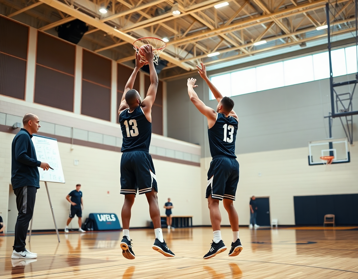 Exécution du flex basket sur le terrain; le coach dirige les joueurs près du tableau tactique.