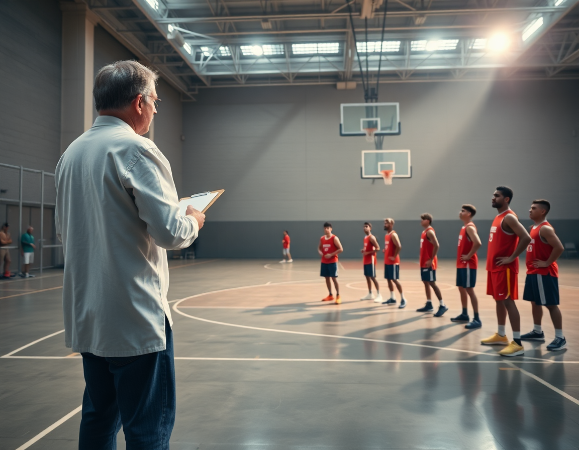 Plan large montrant le coach et les joueurs autour du banc, un joueur basket observant les tactiques.
