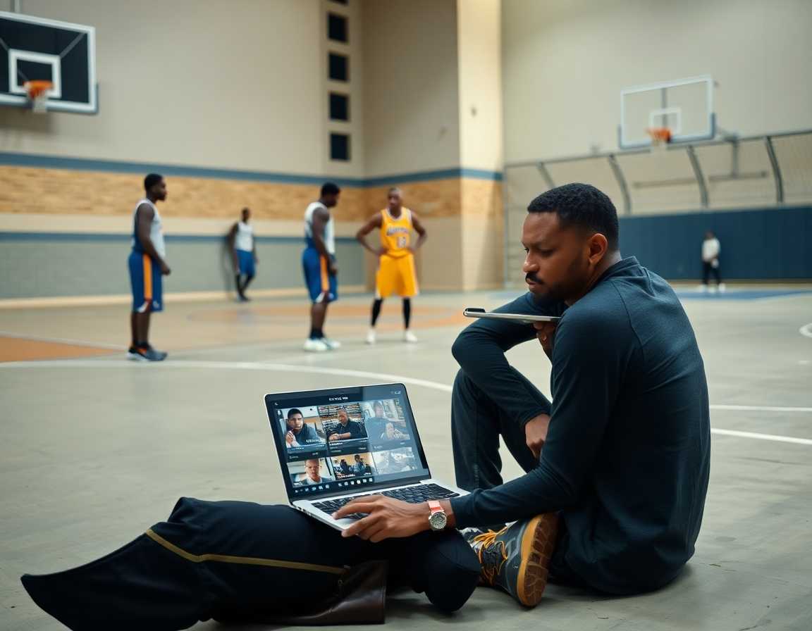 Plan moyen sur le joueur basket regardant les clips vidéo sur son laptop pendant que le coach travaille.