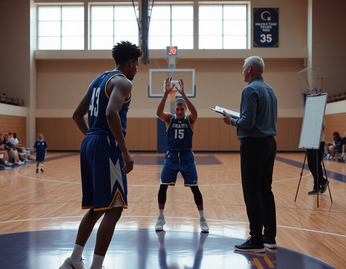 Deux joueurs posent un écran près du sommet; le coach montre le plan sur le logiciel basket.