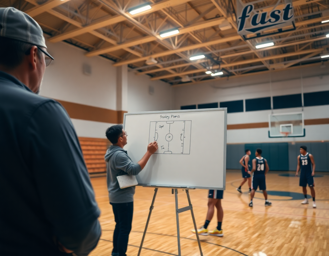 Plan rapproché sur le match basket preparation coupe du monde: coach écrit un schéma simple.