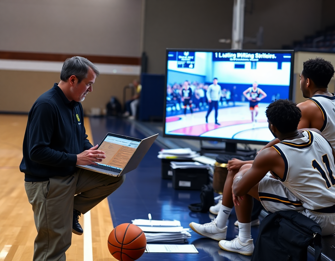 Plan d'ensemble: match basket preparation coupe du monde, coach consulte des rapports sur ordinateur.