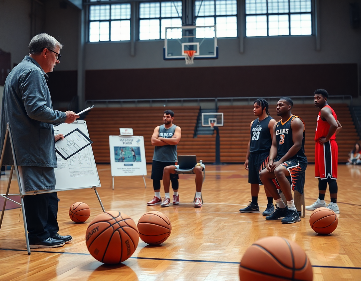 Coach et joueurs regardant match preparation basket euro 2025 sur tablette pendant une séance de basketball.