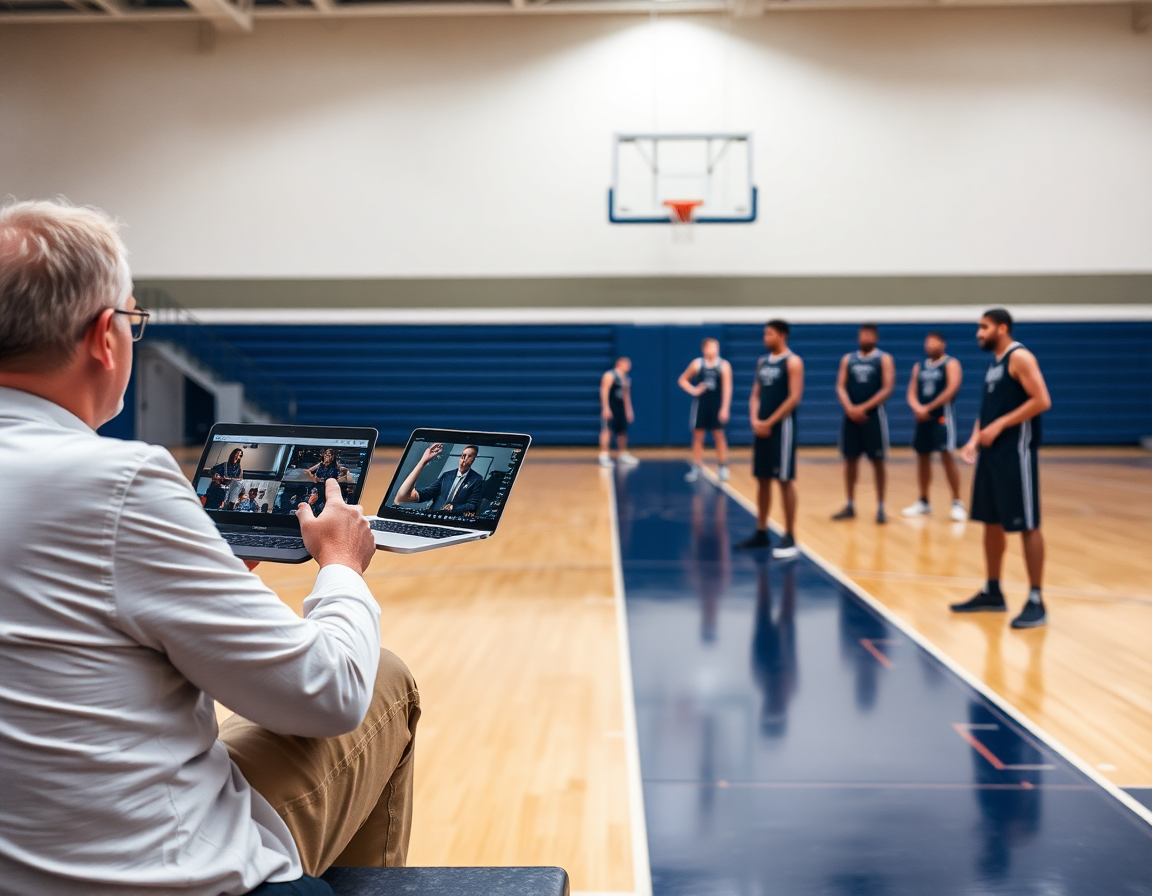 Vues rapprochées: coach observe les clips basketball sur ordinateur et les joueurs répètent le jeu.