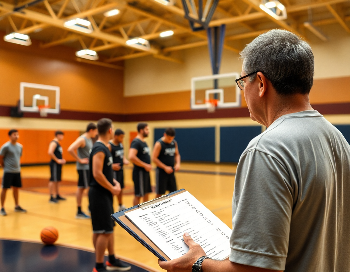 Checklist hebdomadaire sur le terrain: coach et équipe coordonnent les séances et la tactique basketball.