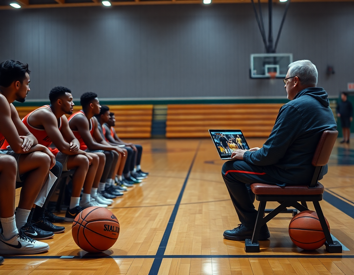 Analyse vidéo en salle de basketball: le coach montre les clips à l'équipe.