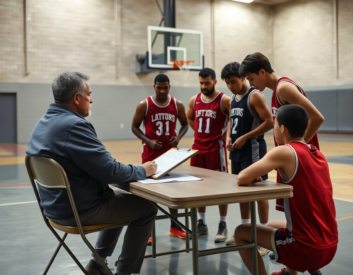 Coach et joueurs autour d'une table blanche, analysant le meilleur panier et les scénarios.